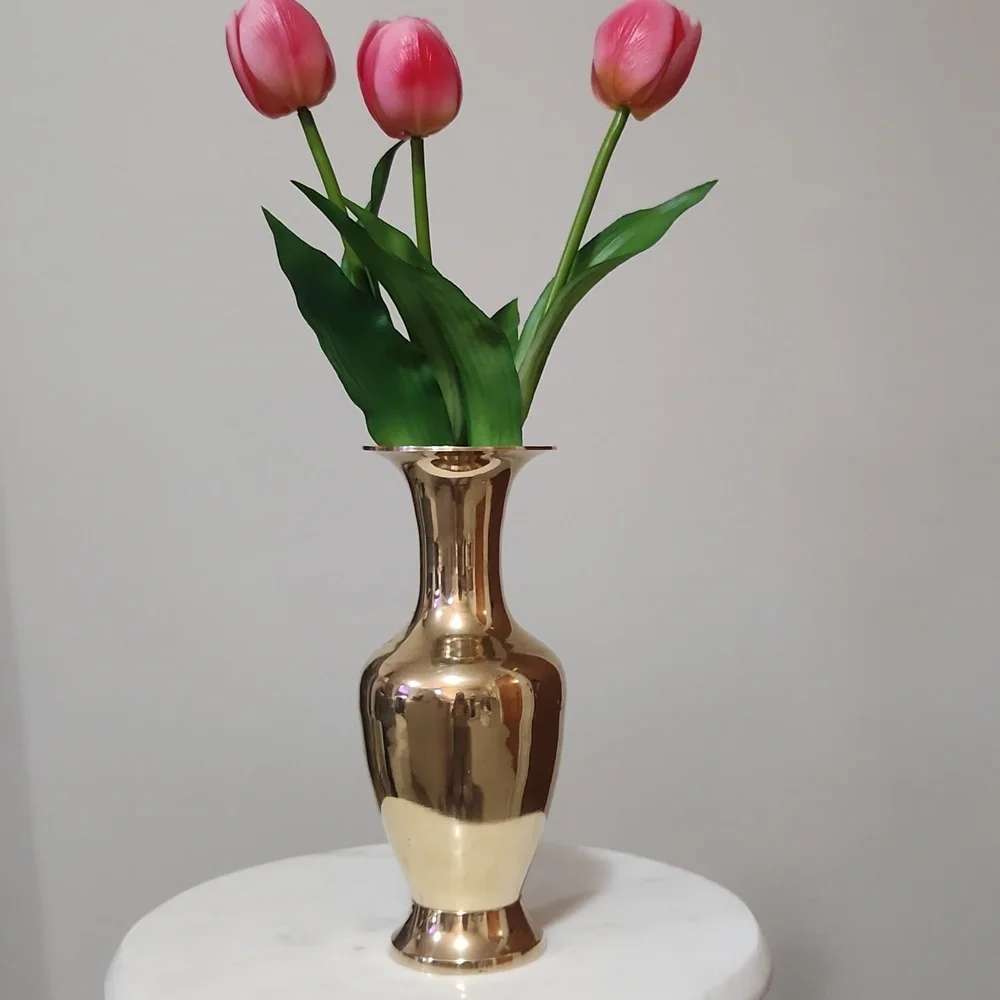 Vintage Elegant Golden Brass Vase and Candlestick Holder With Handle Set